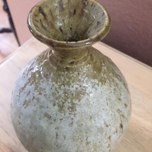 May include: A small, round, ceramic vase with a wide mouth and a speckled glaze in shades of brown, white, and green.