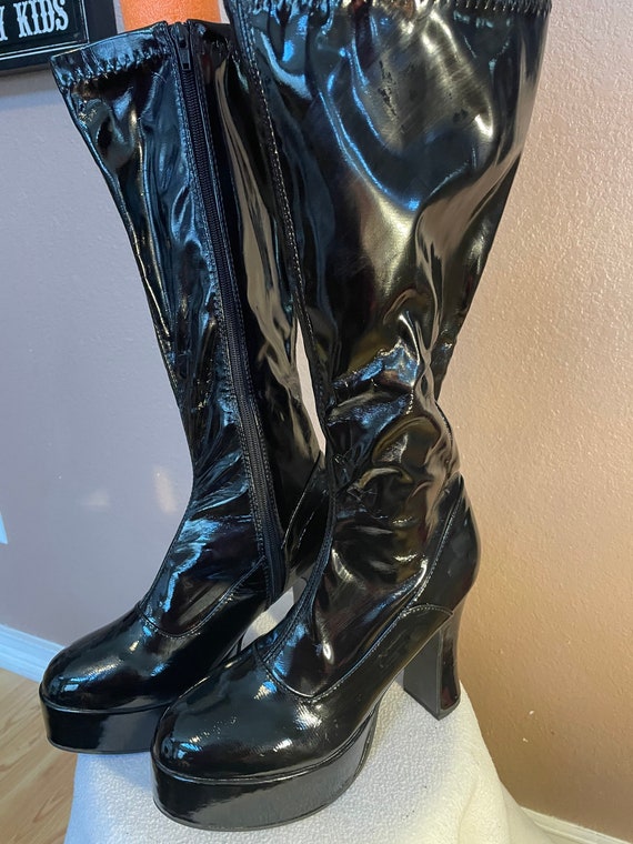 Black Faux Leather Go-Go Boots  - size 9-10 Chunk… - image 3