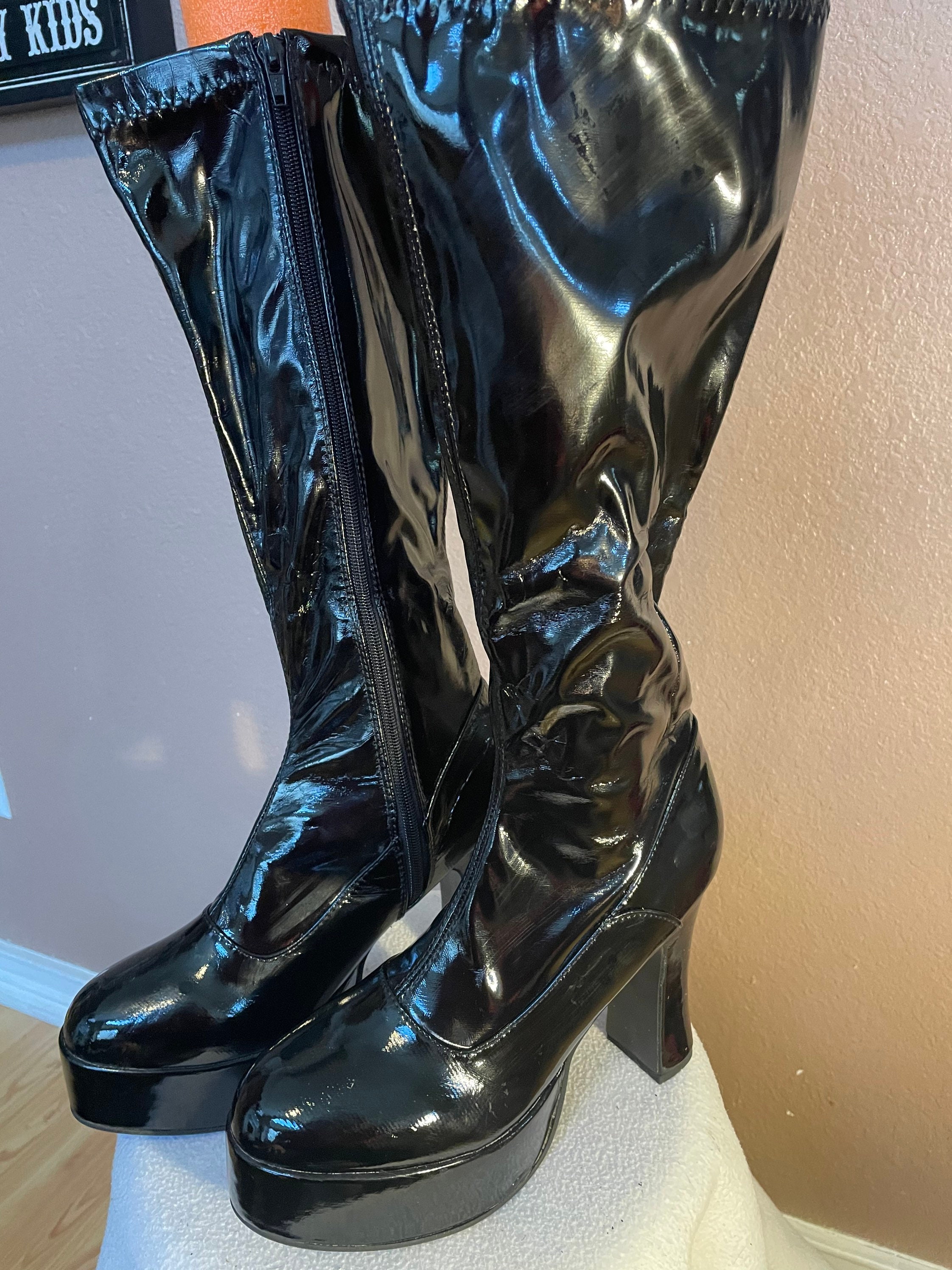 Black Faux Leather Gogo Boots Size 910 Chunky Heels Etsy