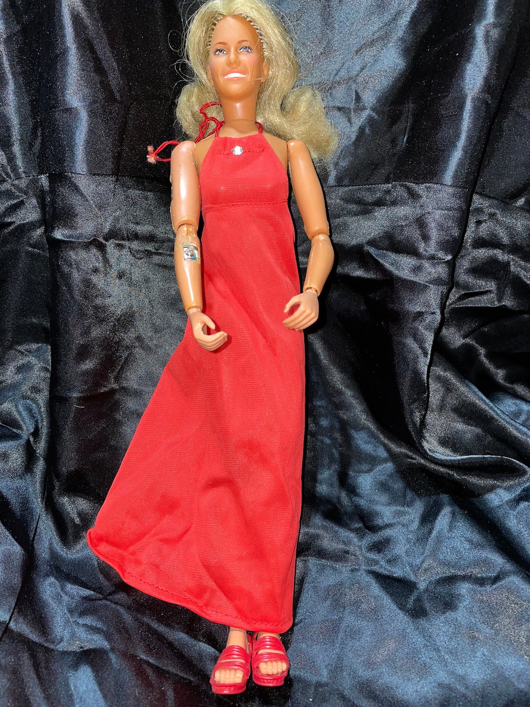 1977 Jaime Sommers Bionic Woman Barbie Doll 13 Tall Wearing Red Dress and  Red Shoes 