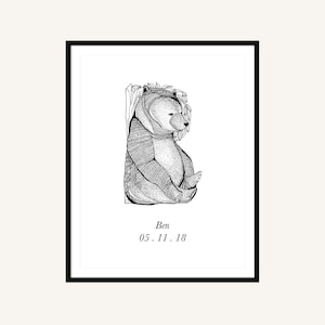 Personalised name bear illustration print, Bear Drawing, Animal Nursery Decor, Animal Print, Baby Shower Gift, Nursery Art
