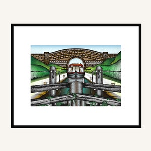 Impresión ilustrada de arte del barco del canal, impresión del campo, decoración de la pared del hogar, impresión del río de la naturaleza