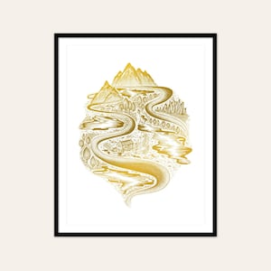 Gold foil adventure art print, Metallic Gold Home Decor, A4 Woodland Print, Forest Valley Print, Housewarming Gift