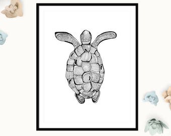 Imprimé tortue noire et blanche, cadeau de crémaillère, imprimé d’art d’illustration de tortue, décor de pépinière, affiche d’animal, art pour la pépinière, travail de point