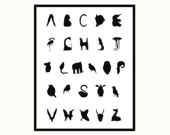 Affiche d’alphabet animal des enfants, impression d’alphabet de A-Z, estampes d’art de pépinière, affiche animale