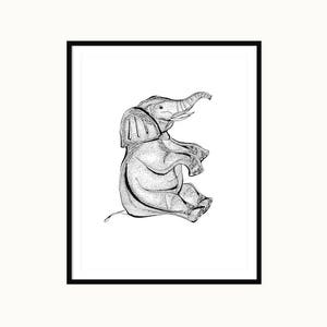 Black and white illustrated elephant art print, Animal Art Print, Elephant Illustration, Nursery Decor, Baby Shower Gift