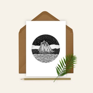 A6 Boat Greeting Card, Boat at sea Card, Pen and Ink, Blank Note Card, Dot work illustration
