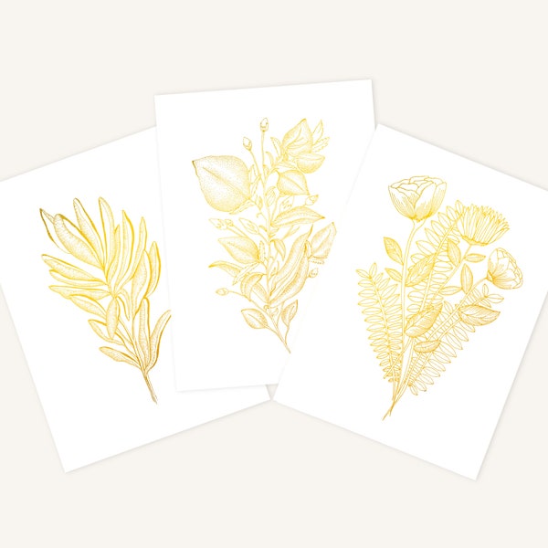 Set of 3 metallic Gold foiled Botanical Prints, Gold Leaf Illustration for home decor, Nature Decor, Wall Art