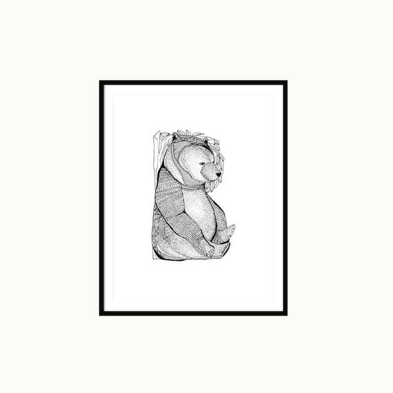 Black And White Bear Animal Illustration Print Baby Bear Etsy