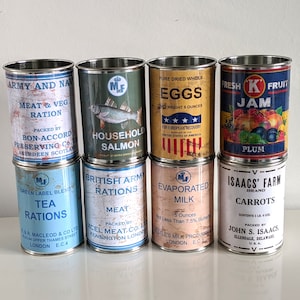 Set of 8 Ration WWII props flowers cutlery table centrepieces  1940's  reproduction WW 2 food tin cans VE Day decorations 80th anniversary