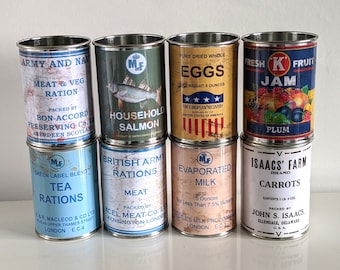 Set of 8 Ration WWII props flowers cutlery table centrepieces decoration 1940's wedding reproduction WW 2 food tin cans display retro decor