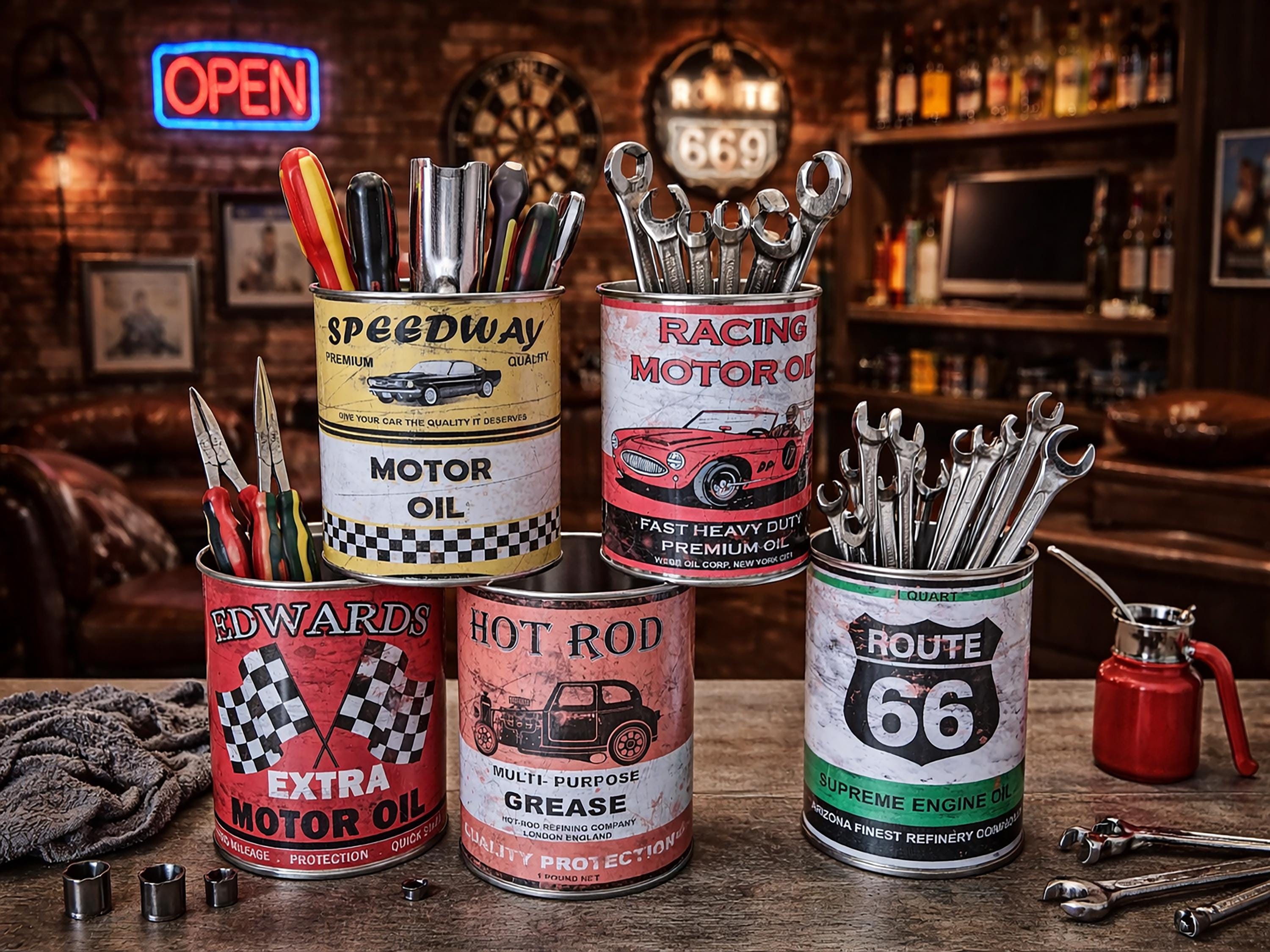 Large 5 Reproduction Vintage Classic Oil Cans Tins Display Props