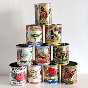 Vintage retro food tin cans large size. Storage for home, cutlery holder cafes shop, restaurant display. Props replica labels recycled green image 7