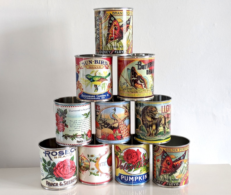 Vintage retro food tin cans large size. Storage for home, cutlery holder cafes shop, restaurant display. Props replica labels recycled green image 7