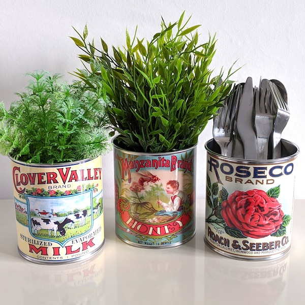 Vintage cutlery table holder tidy retro food tin cans large size. For restaurants bars cafe's Tea shops weddings Storage replica plant pot