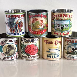 Vintage retro food tin cans large size. Storage for home, cutlery holder cafes shop, restaurant display. Props replica labels recycled green image 5