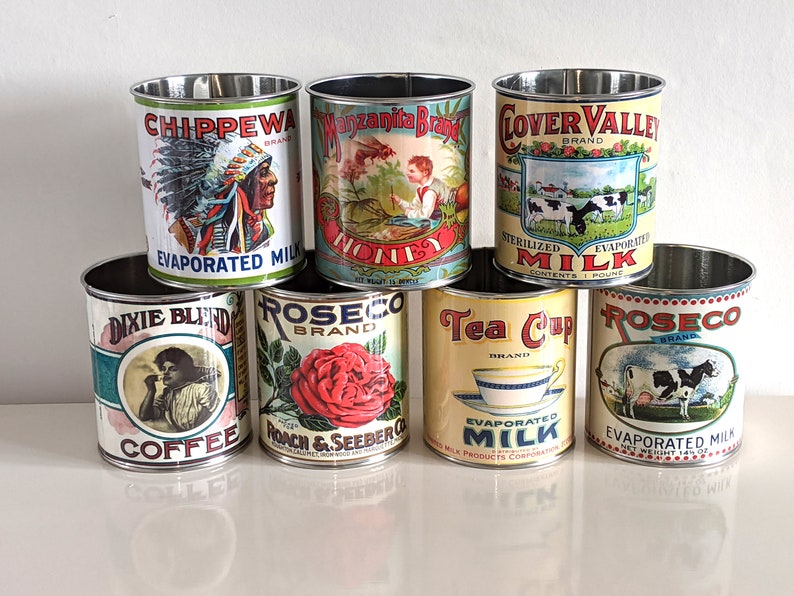 Vintage retro food tin cans large size. Storage for home, cutlery holder cafes shop, restaurant display. Props replica labels recycled green image 5