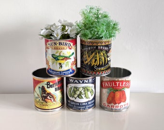 Vintage retro food tin cans large size. Storage for home, cutlery holder cafes shop, restaurant display. Props replica labels recycled green