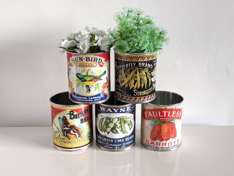 Vintage retro food tin cans large size. Storage for home, cutlery holder cafes shop, restaurant display. Props replica labels recycled green image 1