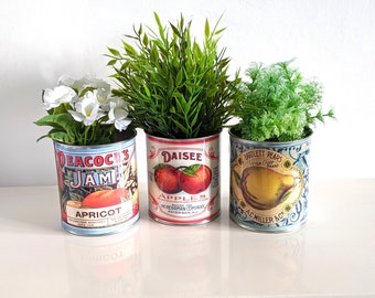 Cadeau retro voedselblikken. Opbergruimte voor thuis, bloemen, plantenpotten, bestekhouder, cafés, restaurantdisplay. Rekwisieten replica