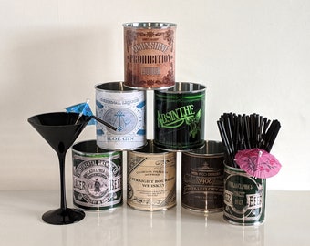 6 Vintage alcohol tin cans beer whisky absinthe gin cocktail gift rustic retro replica display props cafe pub wedding decor cutlery holders