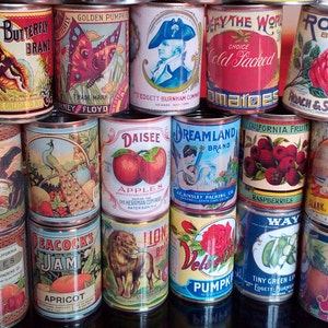 Puede incluir: Una colecci&oacute;n de latas vintage con etiquetas coloridas que muestran im&aacute;genes de mariposas, pavos reales, frutas y otros dise&ntilde;os. Las etiquetas incluyen texto como "Butterfly Brand", "Golden Pumpkin", "Defy the World", "Rose Brand", "Daisee Apples", "Dreamland Brand", "California Fruit Raspberries", "Peacocks Jam", "Lion Brand", "Velvet Pumpkin", "Tiny Green Lips" y "Clark, Mason & Co."