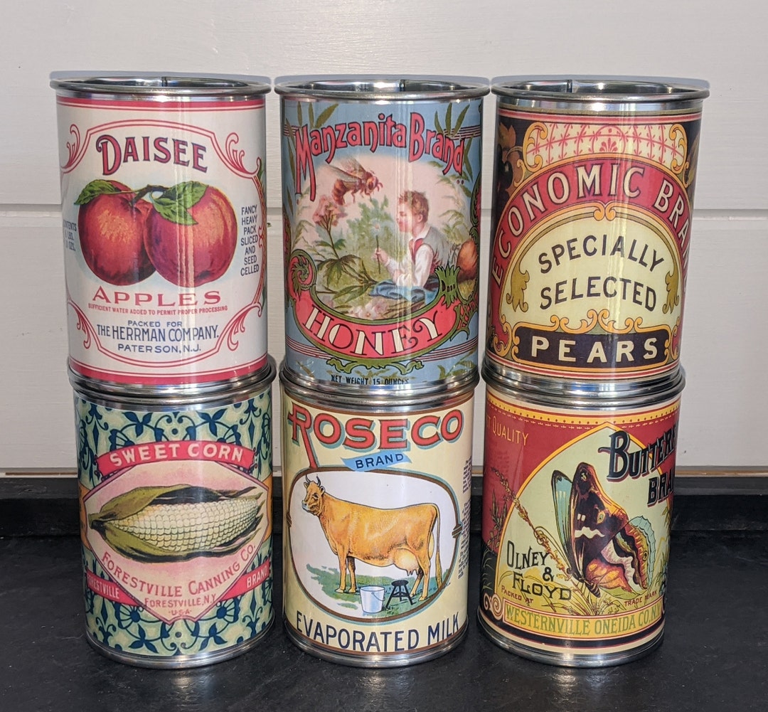 Reduced 6 or 4 New Vintage Food Tin Cans Label Storage for Home