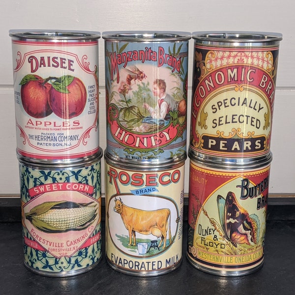 Reduced 6 or 4 New Vintage food tin cans label storage for home, cutlery holder cafes, shop & restaurant display Props replica gifts her him