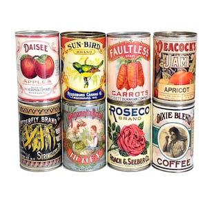 Conjunto com 8 latas de alimentos vintage com rótulos, organizador para talheres, porta-talheres, decoração de cafés e restaurantes, réplicas de acessórios para presentes para ela e para ele, vaso de plantas.