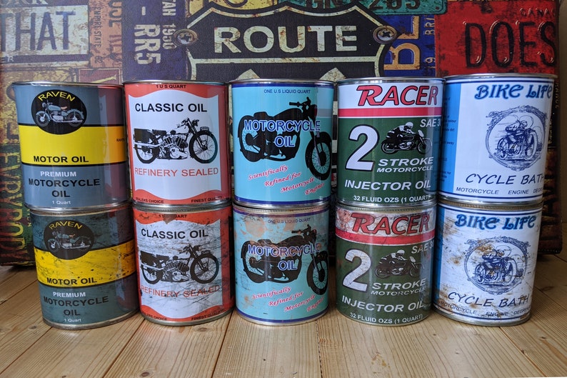 vintage classic motor oil cans storage garage reproduction display props gas station option of lids gifts for him man cave green gift image 7