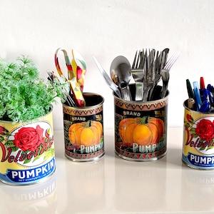 Vintage Halloween pumpkin tin can props trick or treat sweet holder decoration table display gifts plant or cutlery holder