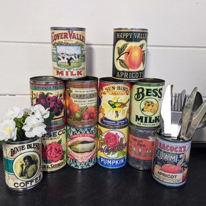 12 vintage bestickställ växter, örtkrukor prydliga retro matkonservburkar