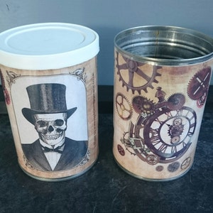 Steampunk Gothic Halloween decor Vintage tin cans wedding centerpieces, storage, cutlery holders, cafes, shop, bars restaurants, gifts. Steampunk Male