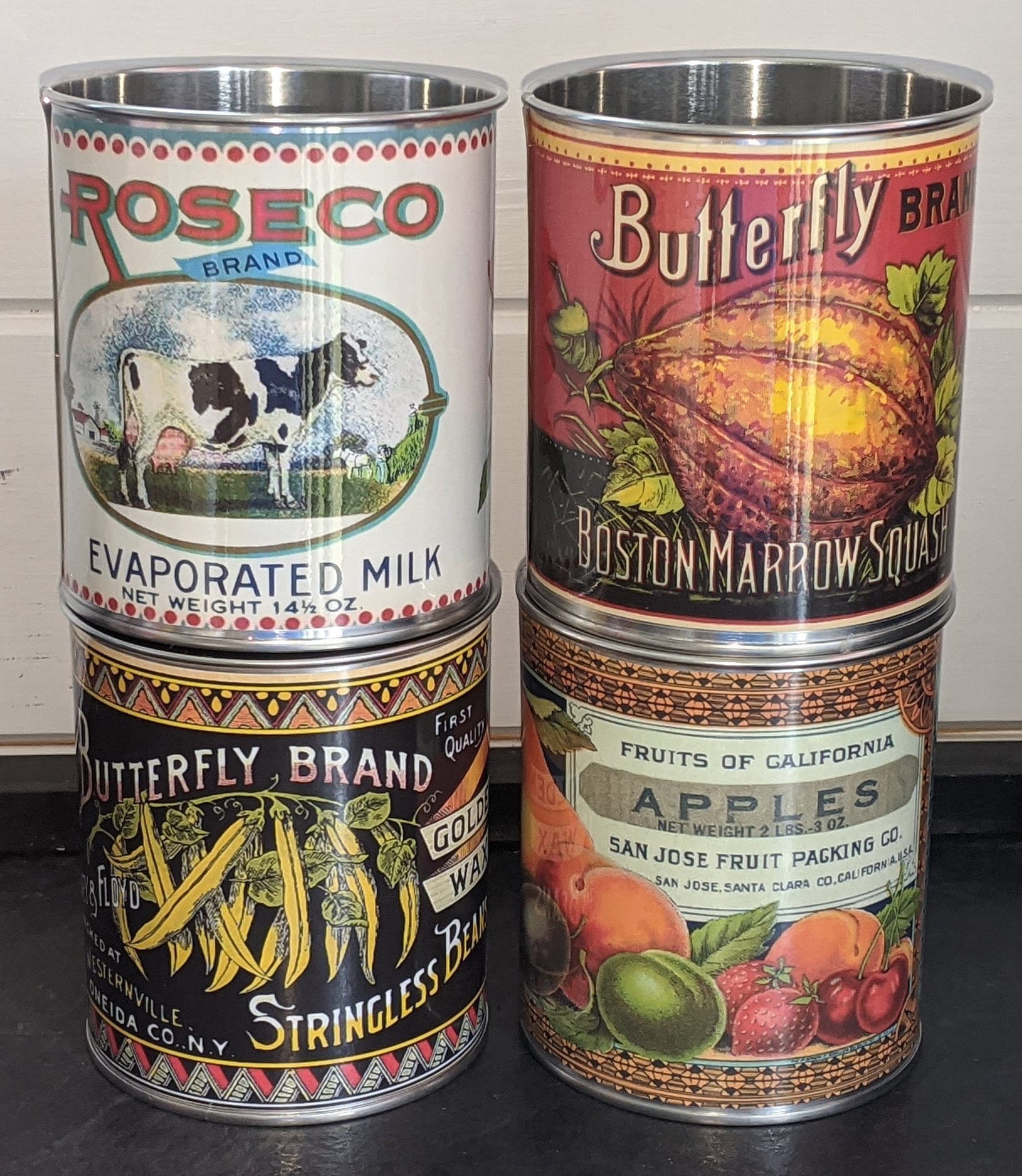 Reduced 6 Vintage Food Tin Cans Label Storage for Home, Cutlery