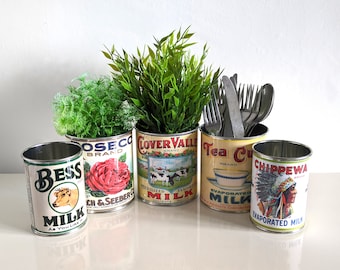 wedding vintage replica food tin cans storage props table center pieces  decoration holders for flowers, cutlery, napkins holder plant pots