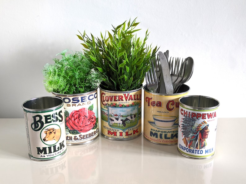 wedding vintage replica food tin cans storage props table center pieces decoration holders for flowers, cutlery, napkins holder plant pots Chippewa Milk Large