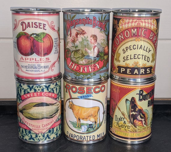 Reduced set Vintage food tin cans great for storage cutlery holders kitchen Reduced set Vintage food tin cans great for storage cutlery holders kitchen