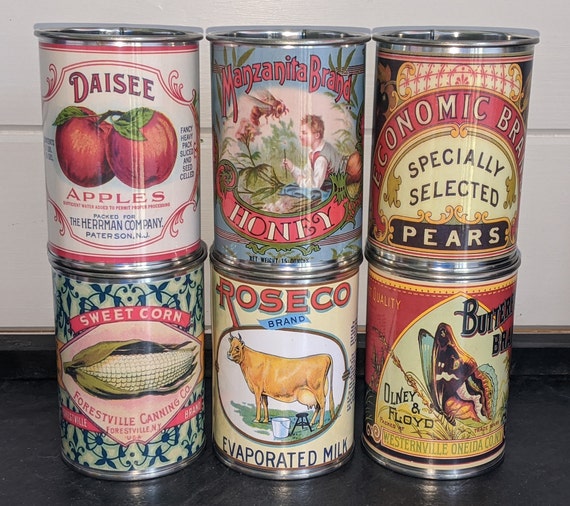 Reduced 6 Vintage Food Tin Cans Label Storage for Home, Cutlery