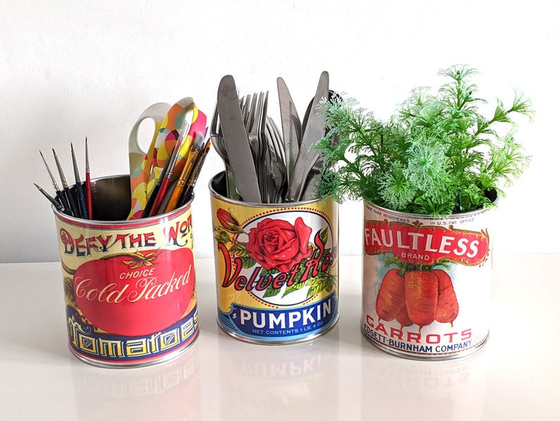 boîtes de conserve vintage rétro de grande taille. Rangement pour la maison, porte-couverts pour café, présentoir pour restaurant. Répliques d'étiquettes pour accessoires recyclées vertes image 8