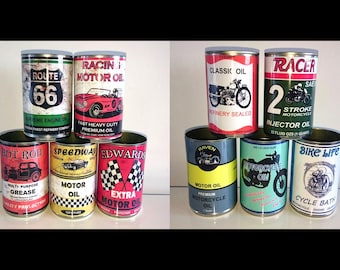 Gift for him 5 replica vintage classic oil tin cans motor car motorcycle display man cave motor bike boyfriend husband handmade