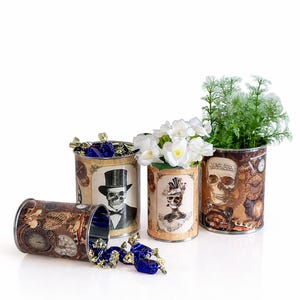 Decoración gótica steampunk para Halloween. Centros de mesa para bodas con latas vintage, almacenamiento, portacubiertos, cafeterías, tiendas, bares, restaurantes y regalos.