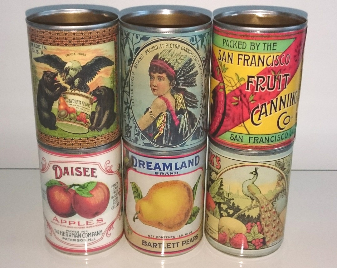 Reduced 6 Vintage Food Tin Cans Label Storage for Home, Cutlery Holder