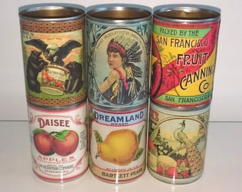 Vintage food tin cans label storage for home, cutlery holder, cafes, shop & restaurant display. Props with or without reusable lids replica