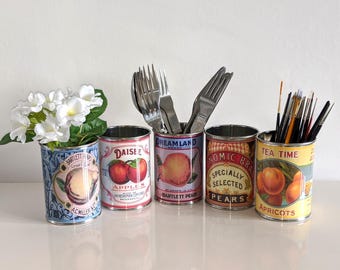 Replica vintage tin cans. For plant pots, kitchen utensil holders or home decor