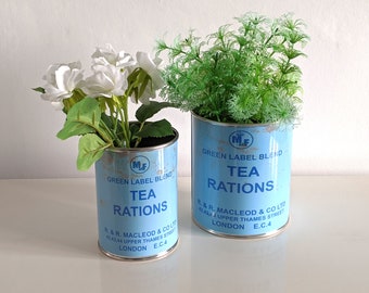 Ration Retro table centerpieces flowers cutlery plants WW food tin cans display props collectible WWII world war 1940's wedding reproduction