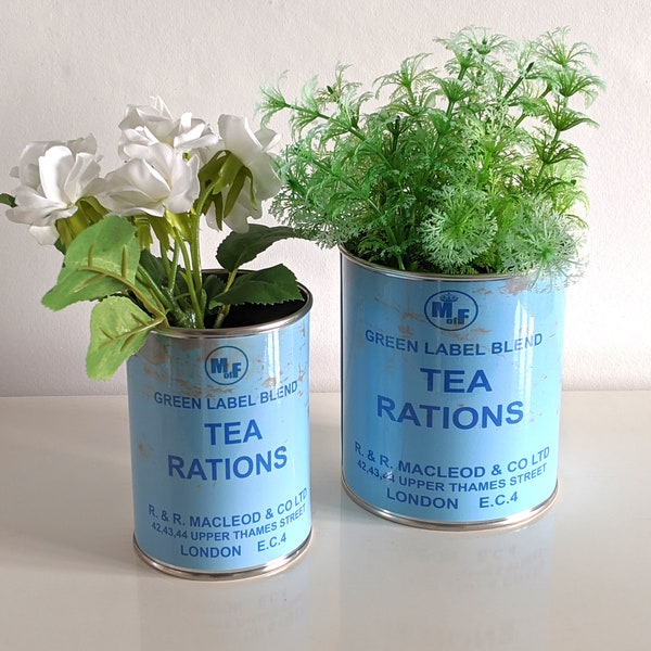 Ration Retro table centerpieces flowers cutlery plants WW food tin cans display props collectible WWII world war 1940's wedding reproduction