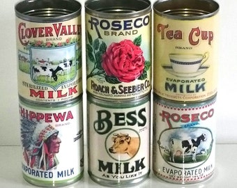 Vintage replica milk tin cans label display for home, cafes, tea, coffee shops, restaurant, cutlery holder, tidy, caddy, plant pots