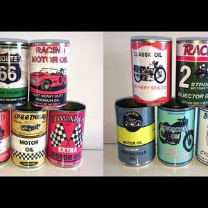 vintage classic motor oil cans storage garage reproduction display props gas station option of lids gifts for him man cave green gift image 1