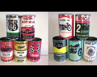 vintage classic motor oil cans storage garage reproduction display props gas station option of lids gifts for him man cave  green gift