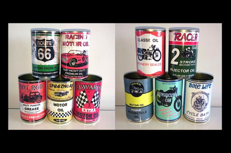 vintage classic motor oil cans storage garage reproduction display props gas station option of lids gifts for him man cave green gift image 1